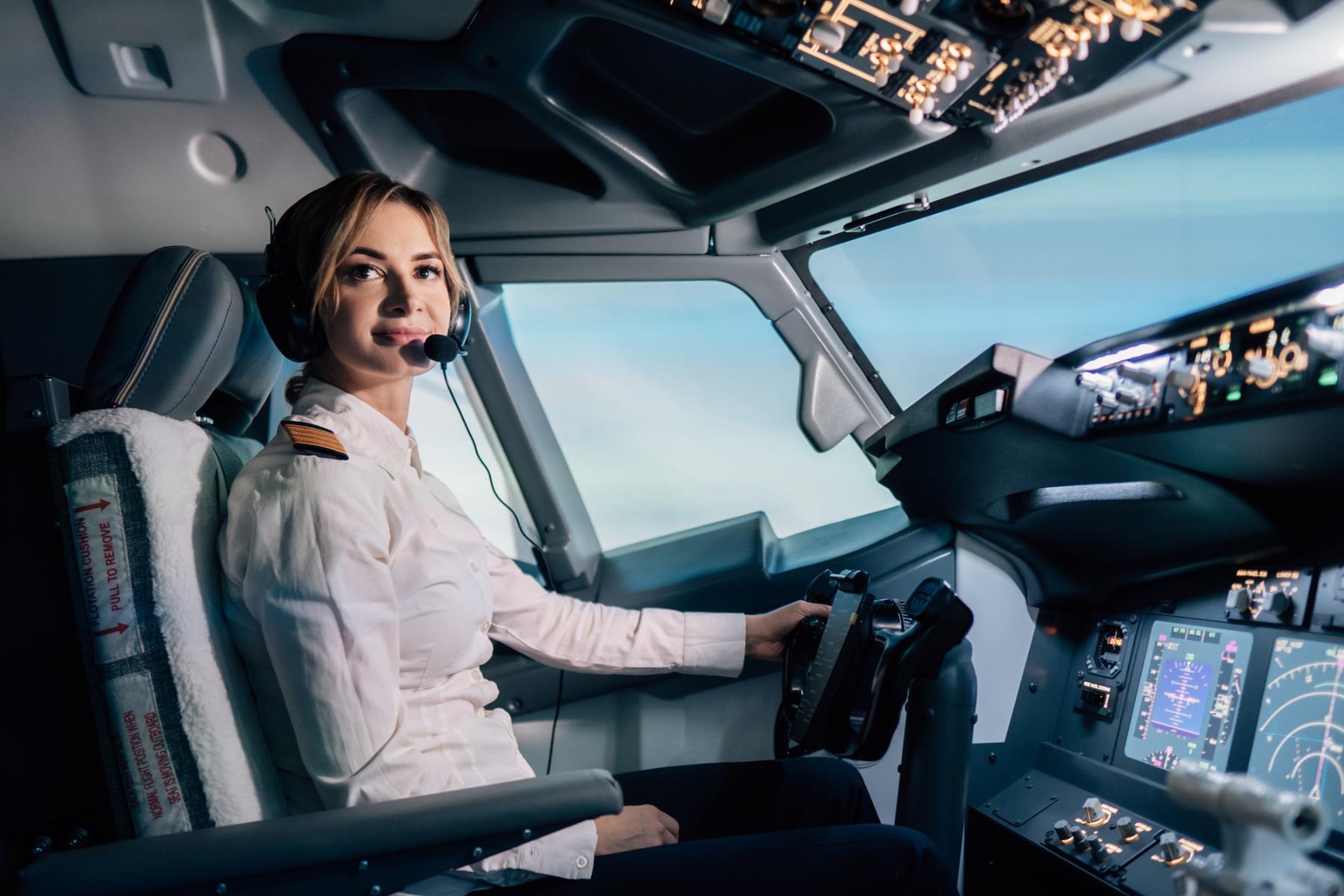 Pilot at the controls of a full-motion airline flight simulator