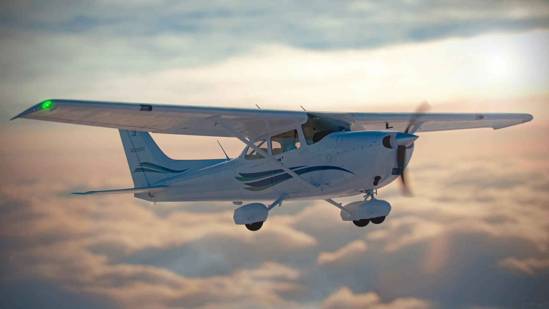 Single-engine training aircraft against a cloudy sky