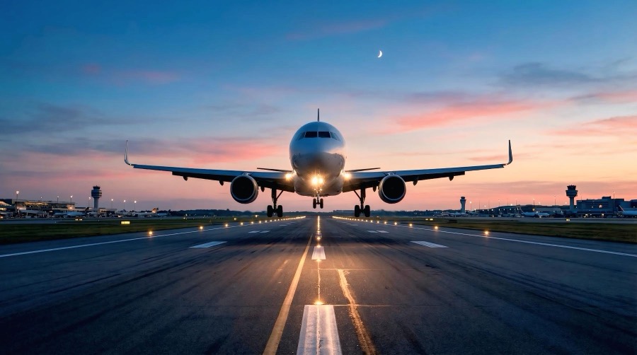 Airliner over the runway threshold at dusk
